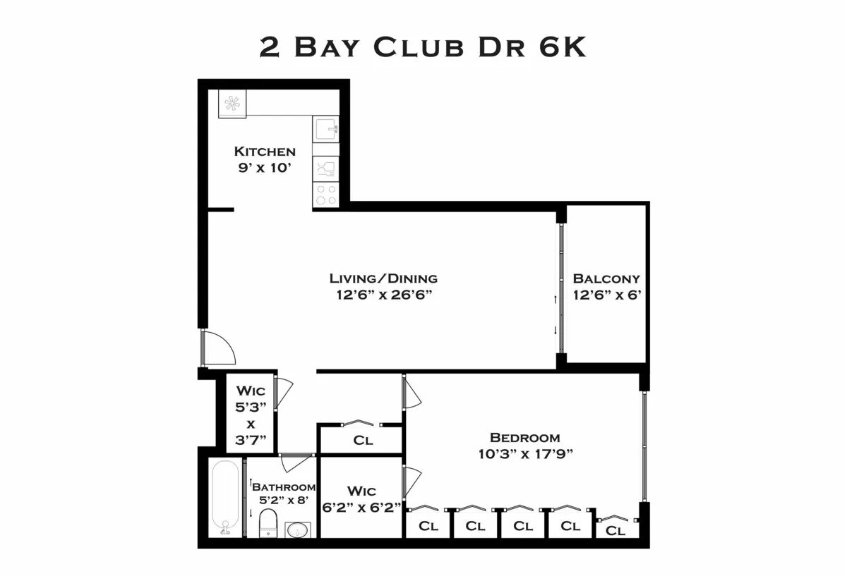 One-bedroom K-line floor plan for The Bay Club