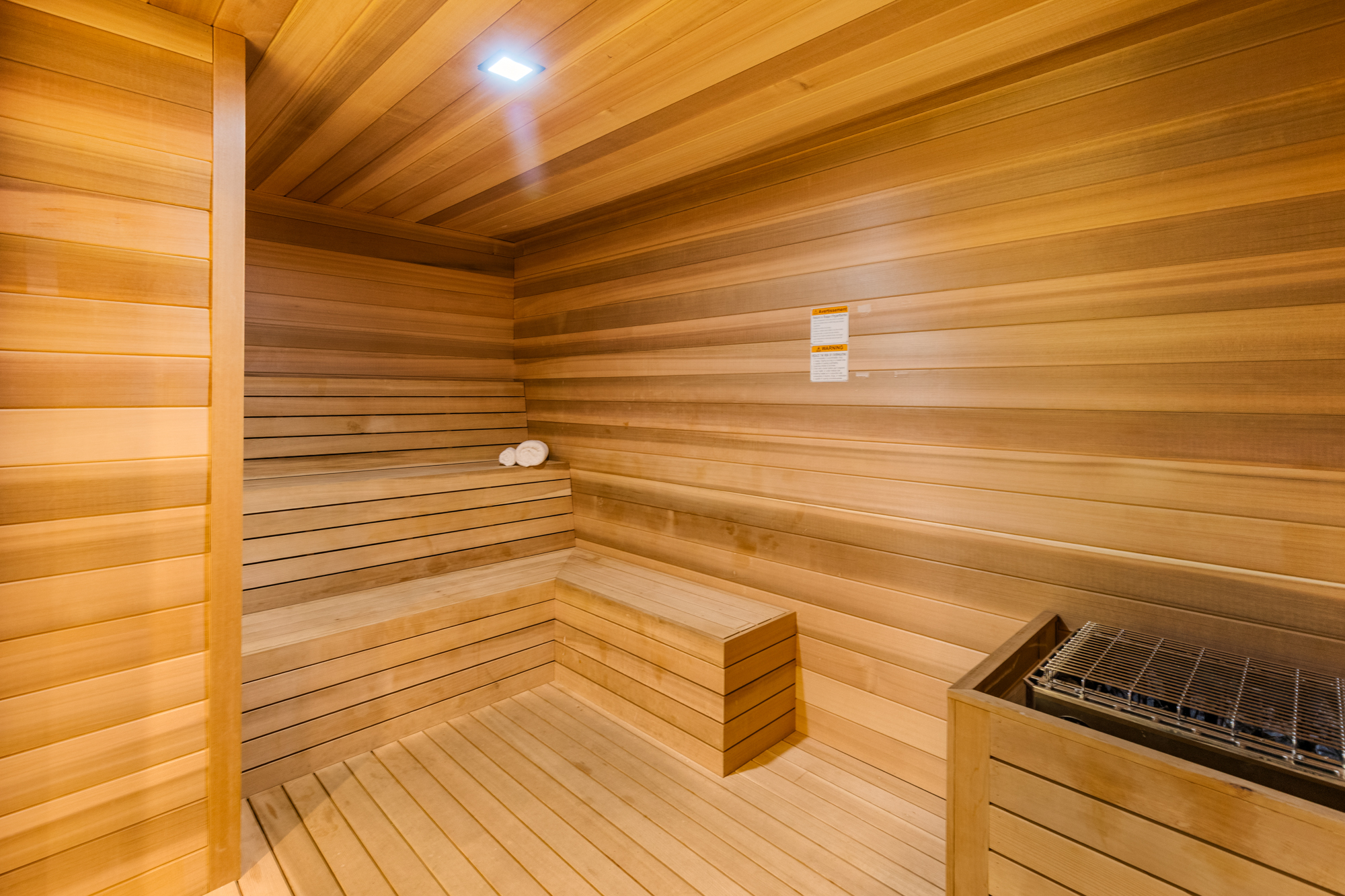 Wood-lined sauna room at The Bay Club